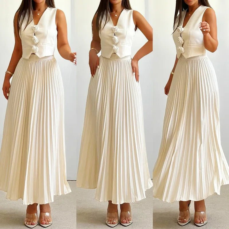 Conjunto Feminino Colete com Aplique de Rosas com Saia Midi Plissada Modern Helena