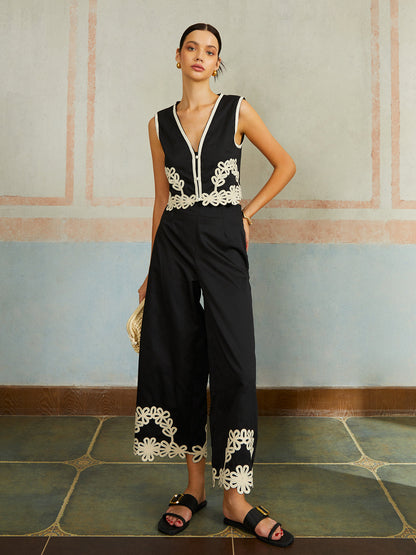Conjunto de Top e Calça Casual Bordado Sem Mangas