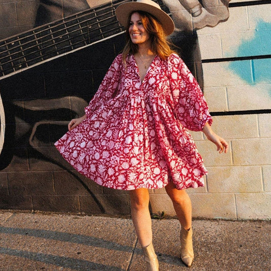 Vestido Curto Solto Estampado de Meia Manga Floral - Mirela